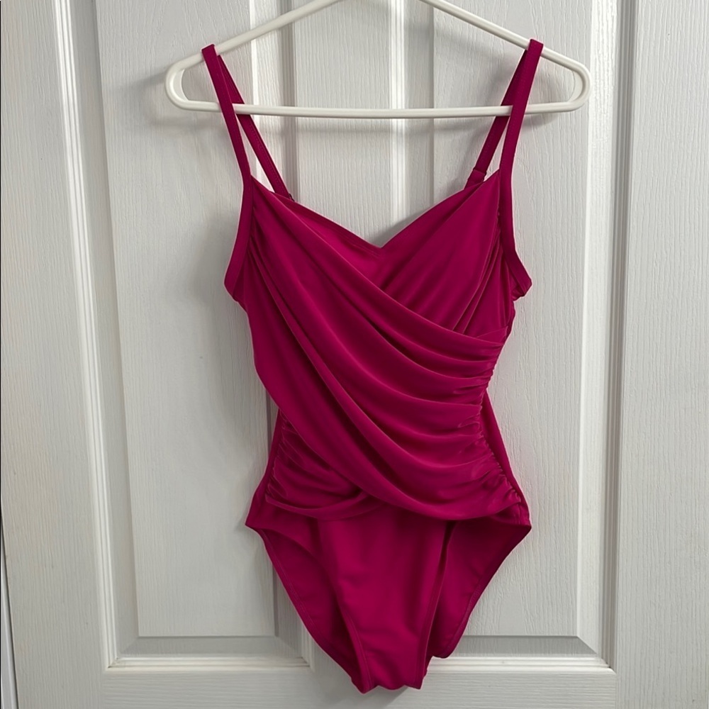 Krista Fuchsia One Piece Swimsuit with Draped Front  V-Neckline Size 8